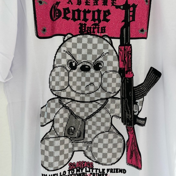 Avenue George V Paris T-Shirt Men's White Shirt Teddy Bear Rhinestone  XL 2XL - Picture 8 of 13